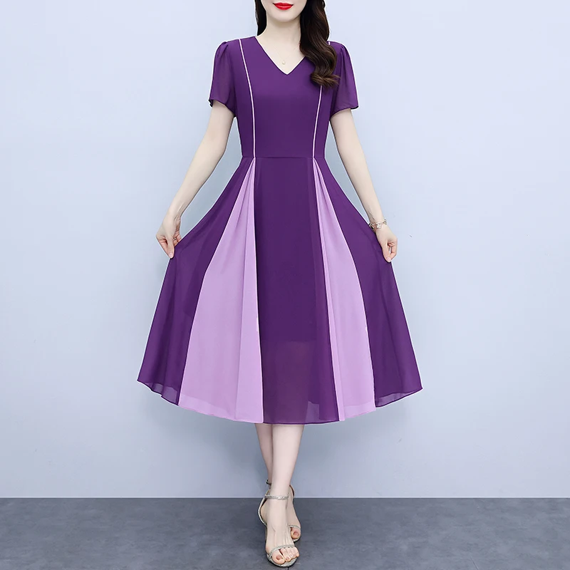 

Женское летнее платье COIGARSAM, новинка 2023, офисные женские шифоновые Лоскутные Платья с коротким рукавом и V-образным вырезом, фиолетового и черного цветов