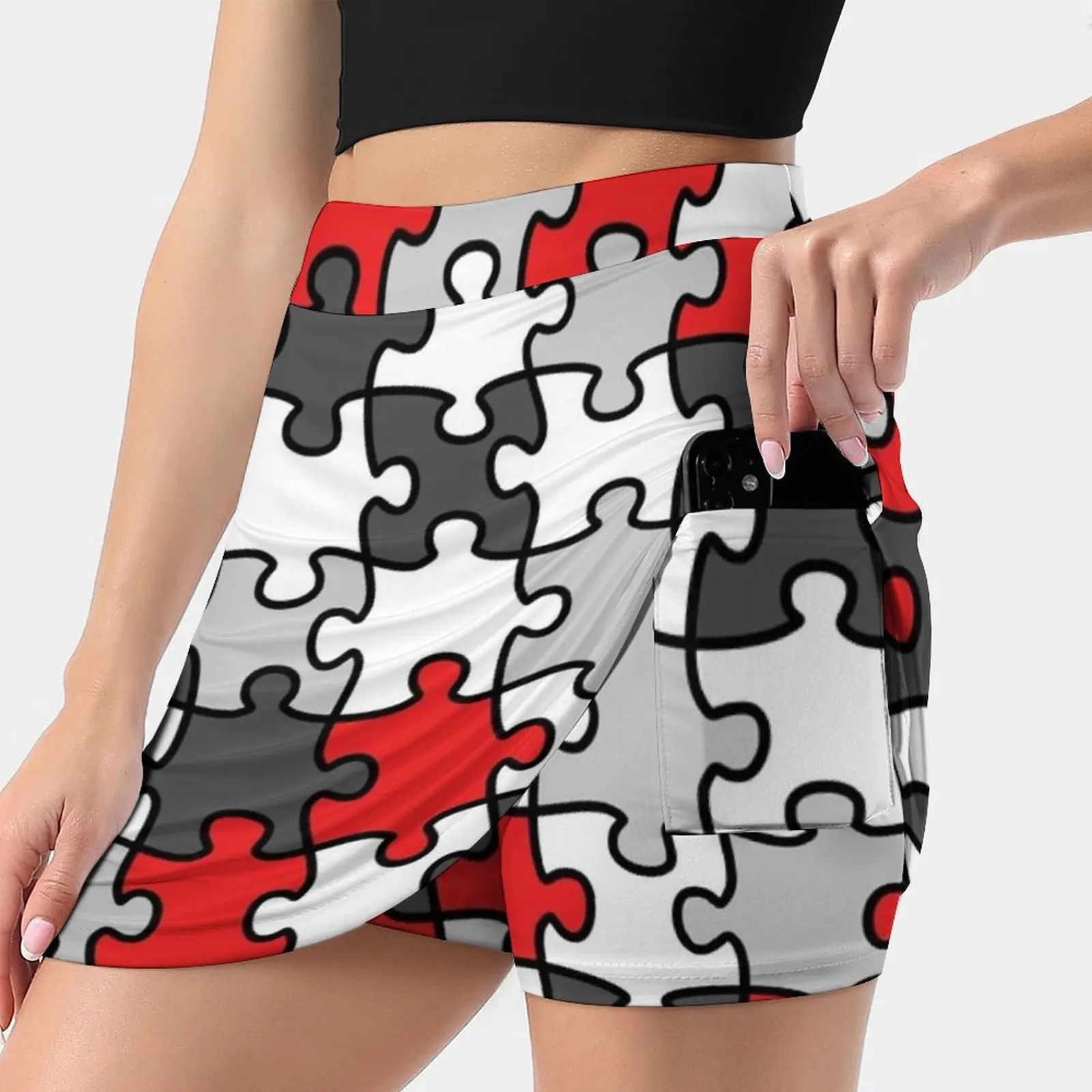 

Женская юбка-пазл с узором, модная мини-юбка-штаны 2022, короткая юбка для офиса, серая, красная, белая юбка-пазл с узором из пазлов