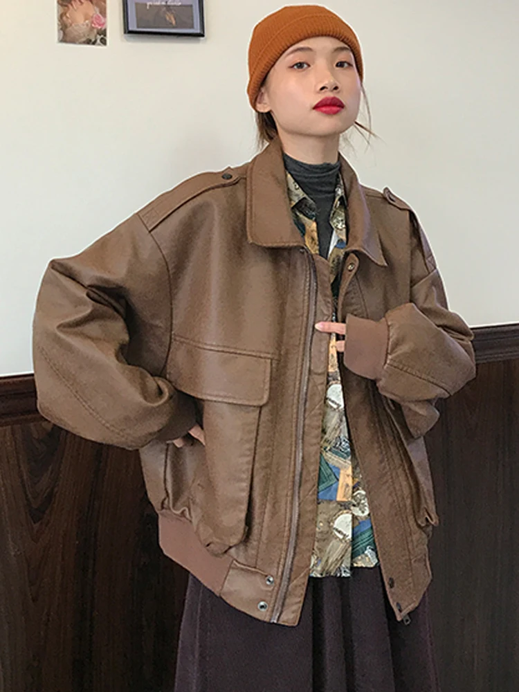 Winter Black Oversize Leather Jacket Women Korean Streetwear Vintage Pu Zipper Biker Jacket Female Autumn Warm Pocket Loose Coat