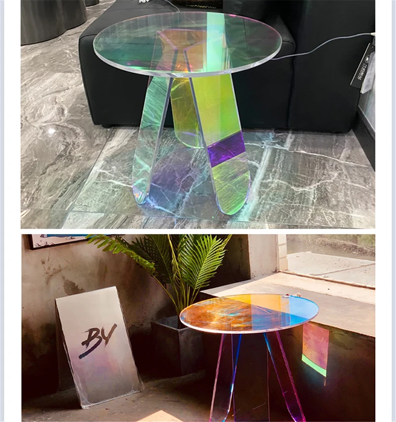 

New Mini Acrylic Coffee Tables Transparent Colorful Laser Round Table for Living Bed Room Home Decoration