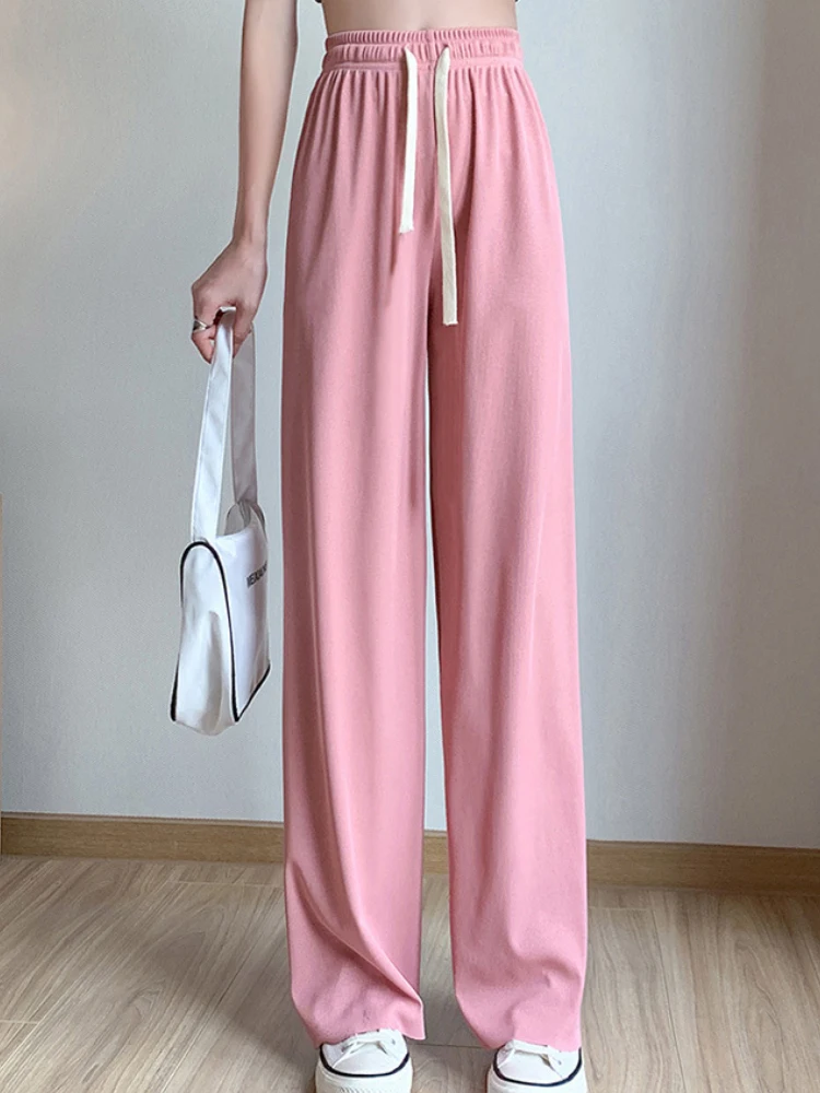 

Summer Lace Up Wide Leg Pants for Women Casual High Waist 2022 Women's Long Ice Silk Pants Pleated Loose Trousers Female Slacks