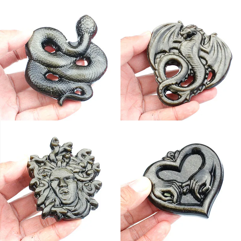

1 Pcs Natural Golden Obsidian Crystal Seahorse / Fly Dragon / Medusa / Snake Carvings
