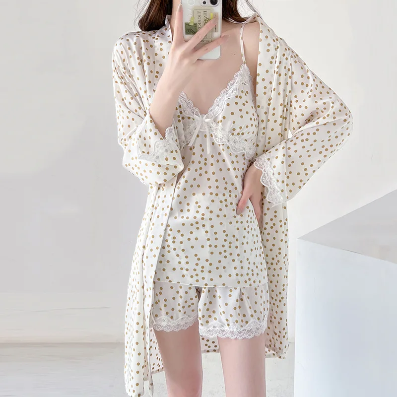 

Sexy Lace Home Clothing Long Sleeve Sleepwear Satin Nightwear Intimate Lingerie Sleep Set Women Print Dot 3PCS Pajamas Suit