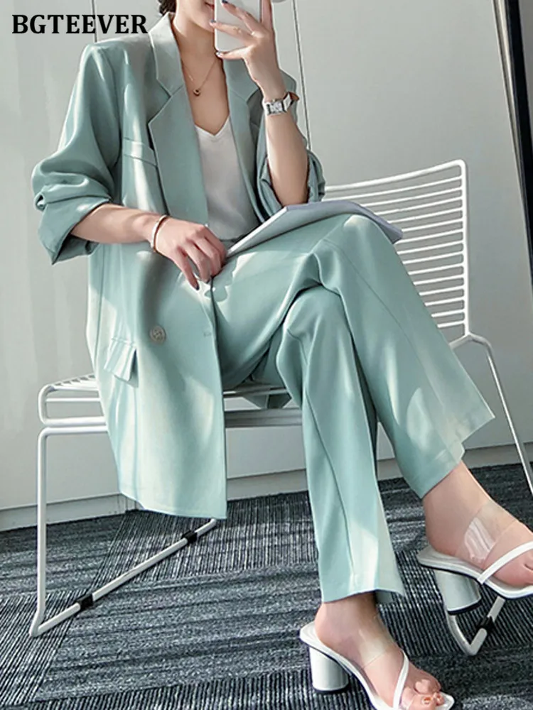 

BGTEEVER Chic Oversized Ladies Pant Suits Long Sleeve Blazer Jackets & Wide Leg Split Pants 2022 Spring Women Blazer Set