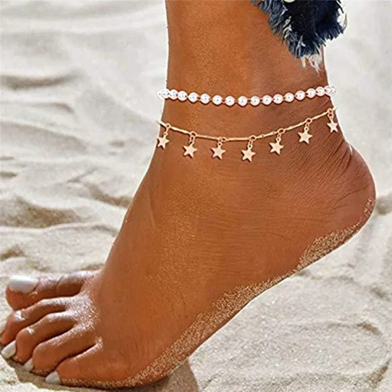 

Huitan Fashion 2Pcs/Set Anklets for Women Barefoot Sandals Bracelet Ankle on the Leg Imitation Pearl Chains Party Summer Jewelry