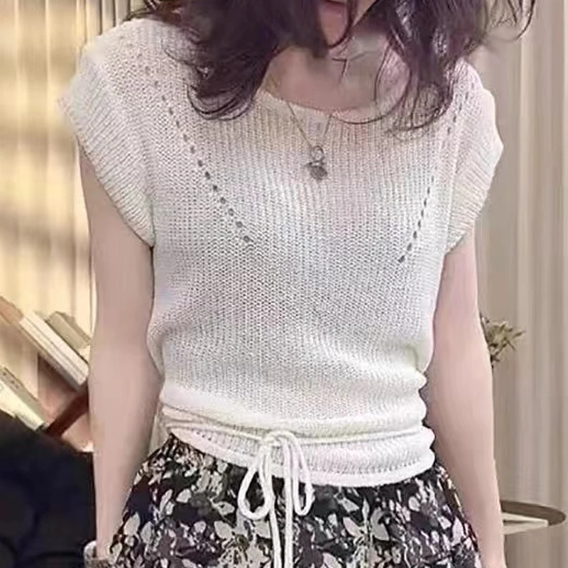 

Женская ажурная вязаная рубашка из ледяного шелка, Новинка лета 2023, пуловер, вязаный свитер, Свободная Повседневная блузка, топы с коротким рукавом и круглым вырезом, 27553