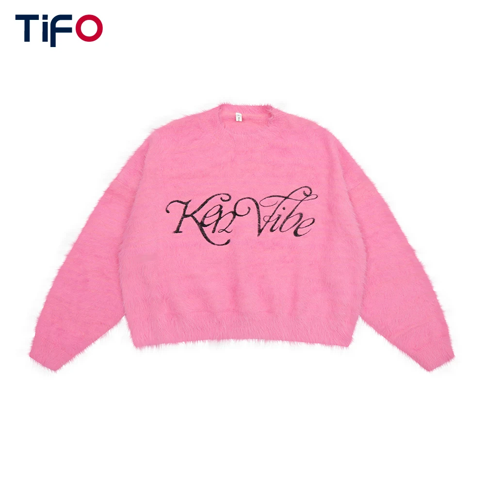 

Letter Embroidery Long Sleeve Sweater Women Autumn Winter Loose Crew Neck Streetwear Crop Pullover