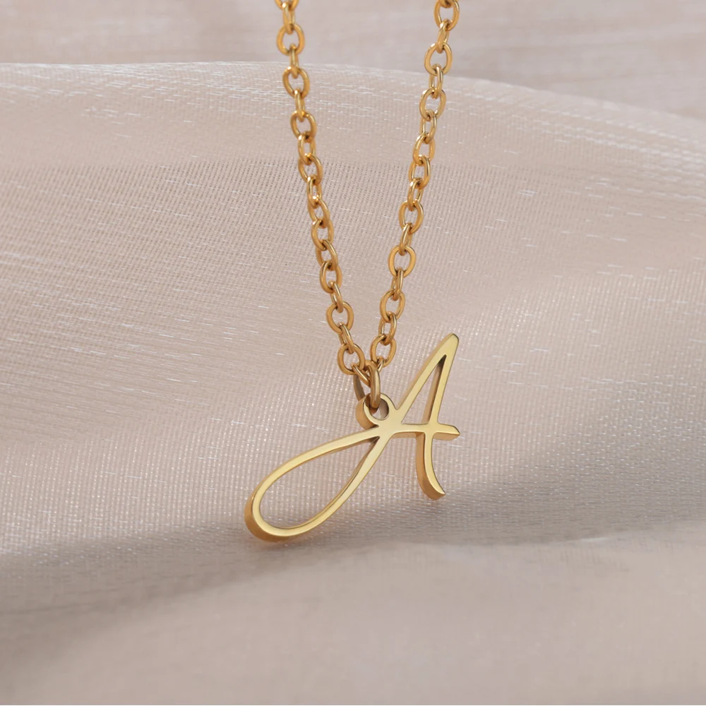 

Cursive Letter Pendant Necklace for Women Gold Plated Stainless Steel Alphabet Initial Necklaces Couple Wedding Jewelry collares