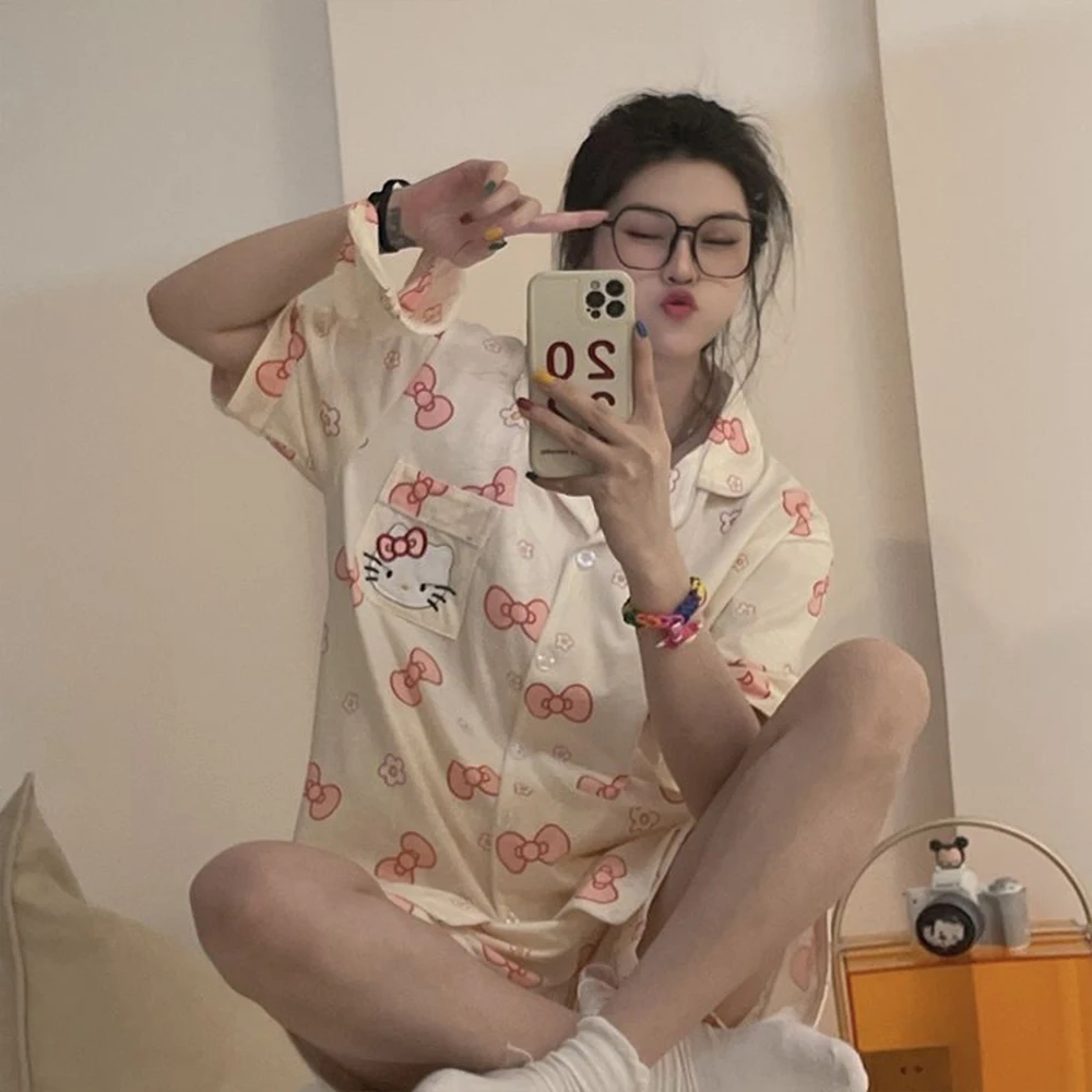 

Sanrioed Kawaii аниме женская пижама Милая Hello Kitty Cinnamoroll Летняя женская с коротким рукавом Свободная из двух частей Домашняя одежда подарок для дев...