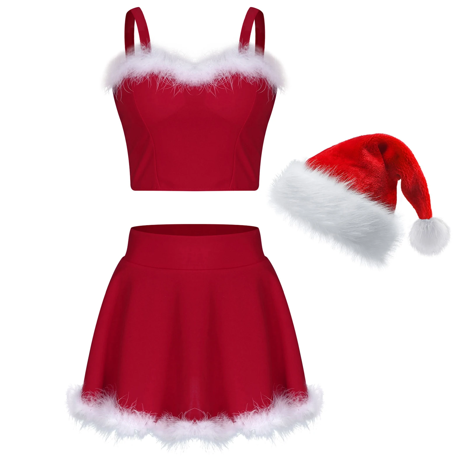 

3PCS Womens Christmas Lingerie Suits Faux Fur Trim Wide Shoulder Straps Crop Top with High Waist A-Line Skirt Santa Claus Hat