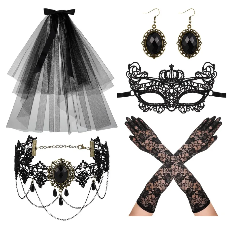 

Женский комплект Маскарадного костюма на Хэллоуин, кружевная маска, черный готический чокер, ожерелье, кружевные перчатки, аксессуары для к...