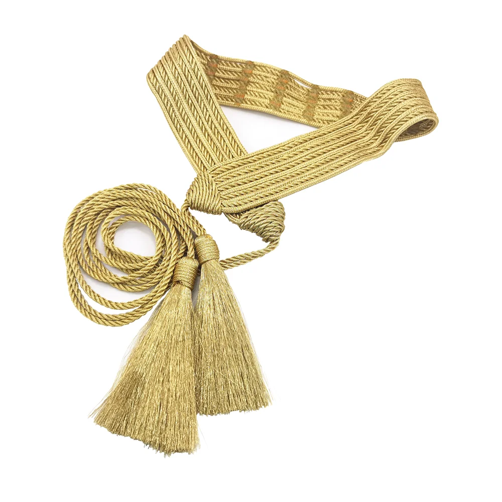2PC Handmade Gold Cord Wide Waistband Applique Baroque Tassel Belt For Women Frog Button Decorative Waist Band AC1597