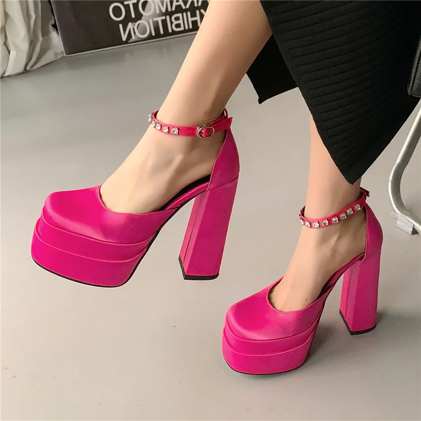 

Ins Women Platform Sandals Summer High Chunky Heels Pumps Party Wedding Rosy Red Yellow Silky Purple Satin Ankle Strap D'Orsays