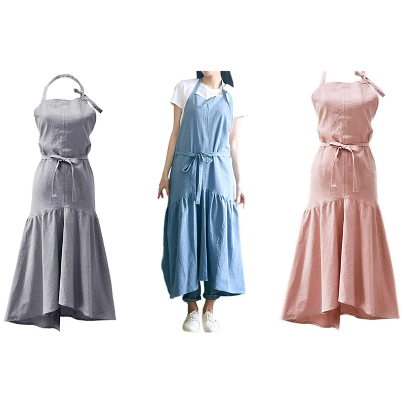 

Retro Long Vintage Apron Adjustable Fishtail Style Gardening Work Cotton/Linen Blend Fashion Tie Apron Women's Dress Girl (Adjus