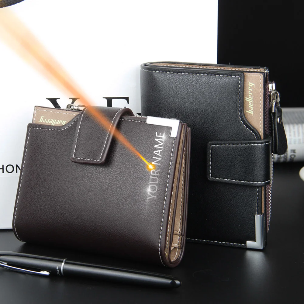 

Short Luxury Men Wallets Zipper Coin Pocket Card Holder Male Wallet Clutch Photo Holder Name Engraved Brand Man Purses Wallet