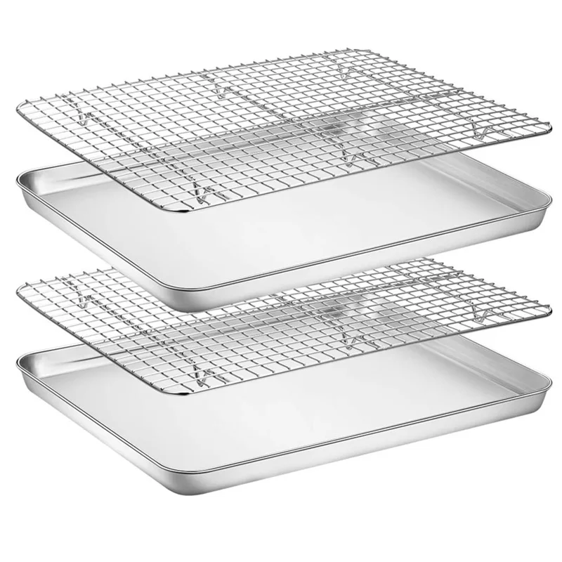 

2Pcs/Set Stainless Steel Cake Stand Removable Grid Cooling Rack Non-stick Kitchen Bread Biscuit Pizza Baking Tray Bakeware