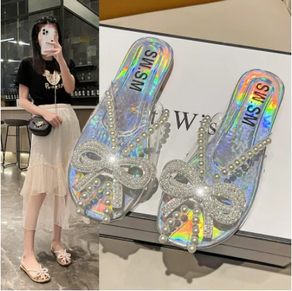 

2022 женская обувь, летние шлепанцы ручной работы с бантом, женские пляжные тапочки, радужная обувь горный хрусталь, сандалии на плоской подош...