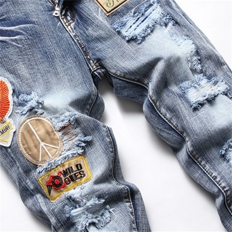 EH·MD® Ripped Scraped Jeans Embroidered American Flag Micro Seal Soft Light Blue Cat Whisker High Street Fashion High Stretch
