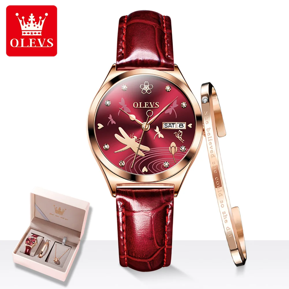 OLEVS Fashion Women Mechanical Watches Luxury Rhinestone Dragonfly Pattern Dial Automatic Ladies WristWatches Gift Reloj Mujer