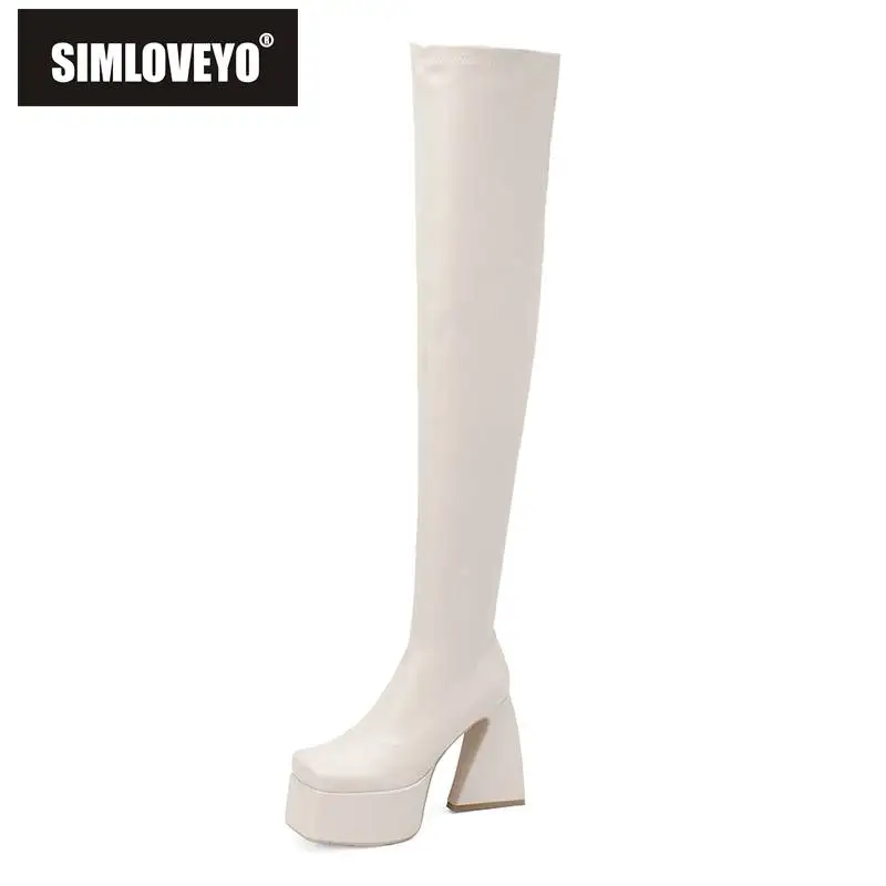 

SIMLOVEYO Women Thigh Boots 65cm Square Toe Block Heels 12cm Platform 4.5cm Zipper Big Size 34-43 Solid Sexy Party Shoes N0065