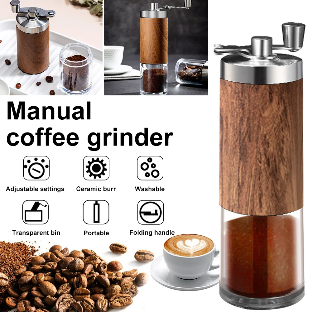 

Portable Wood Grain Coffee Bean Grinder Stainless Steel Crank Manual Manual Handmade Coffee Grinder Kitchen Tool Grinders