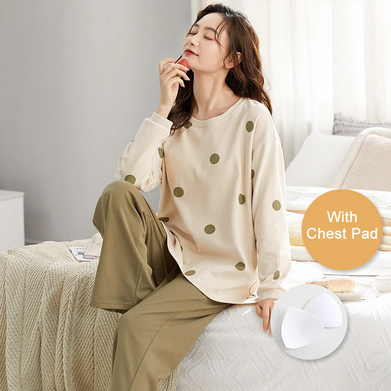 

CAIYIER Avocado Green Pajamas Set For Women Winter Nightwear Suit Girls Casual Long Sleeve Sleepwear With Chest Pad Loungewear