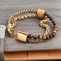 stainless steel charm chain link golden bracelets for men braided leather beads bracelets bangle wristband punk male jewelry