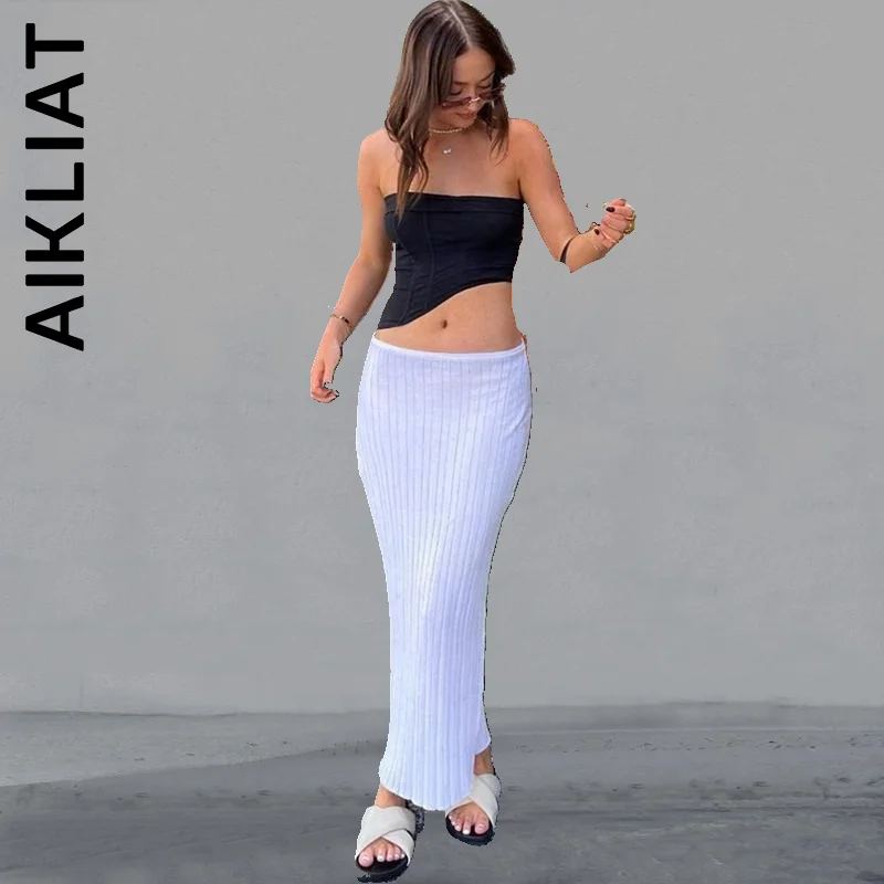 

Aikliat Women Dress New Stylish Outfits Knit Long Skirts Dropped Waist See Through Wrap White Midi Skirt Korean Slim Vestidos