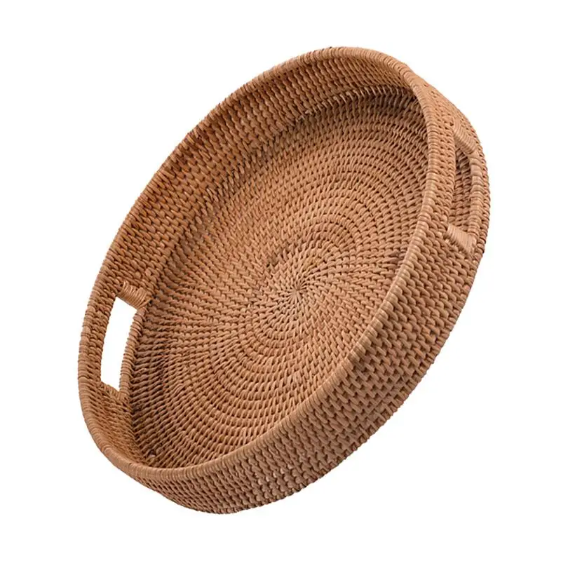 1Pc Vietnam Rattan Basket Tray Hand-Woven Storage Bread Living Room Fruit Plate Tea Withe Handle |