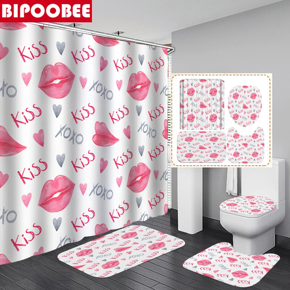 

XOXO Kiss Lips Print Shower Curtain Set Bath Mats Rugs Fabric Bathroom Curtains with Hooks Anti-skid Rug Carpet Toilet Lid Cover