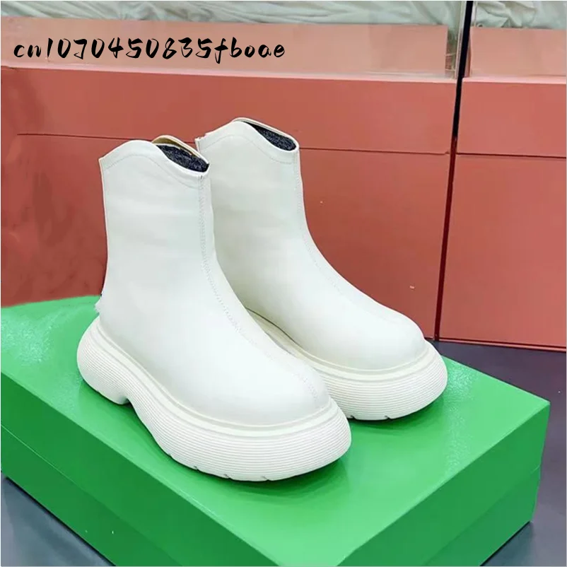 

Winter Women's Boots Solid Color Zipper Genuine Cowhide Noodles Rubber Sole Thick Bottom Non-slip High Quality Luxury