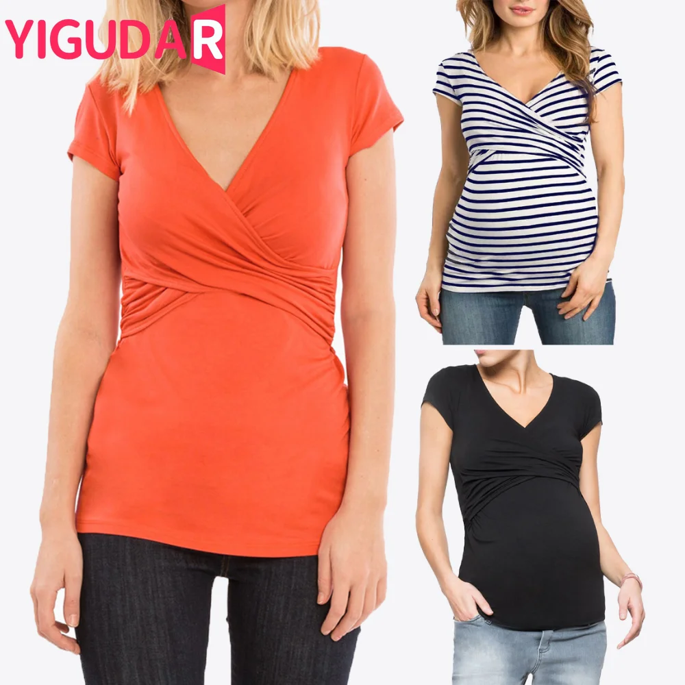Summer Womens Maternity Clothes Breastfeeding Clothing Short Sleeve Pregnant Clothes Pleated Side Open Pregnancy T-Shirt Top