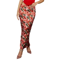 women spring summer casual skirt mid waist floral printed slim fit long skirt