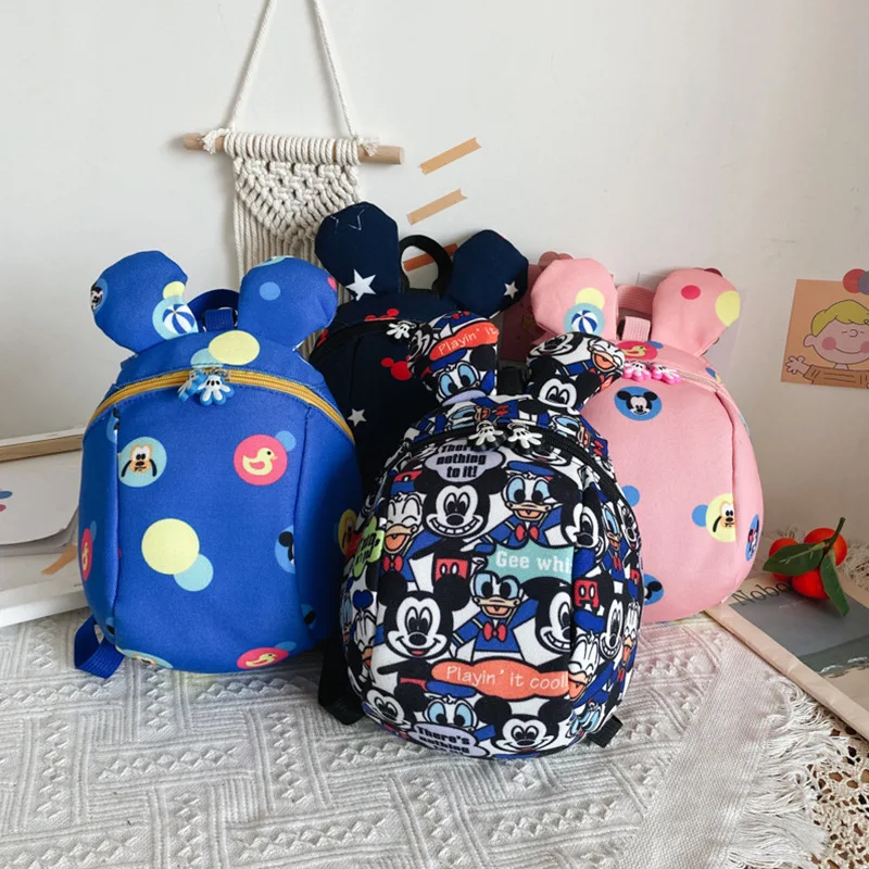 Children's Kindergarten Backpack Mickey Minnie Mouse Donald Duck Print Boy Girls Anti-lost Strap Parent-childl Bag for 3-7y Kids