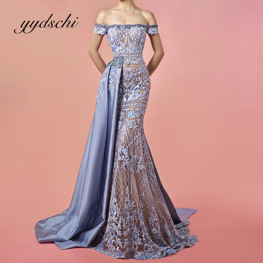 

Exquisite Boat Neck Formal Evening Dress Floor Length Applique Embroidery Lace Satin Party Slim Train Prom Dresses for Women