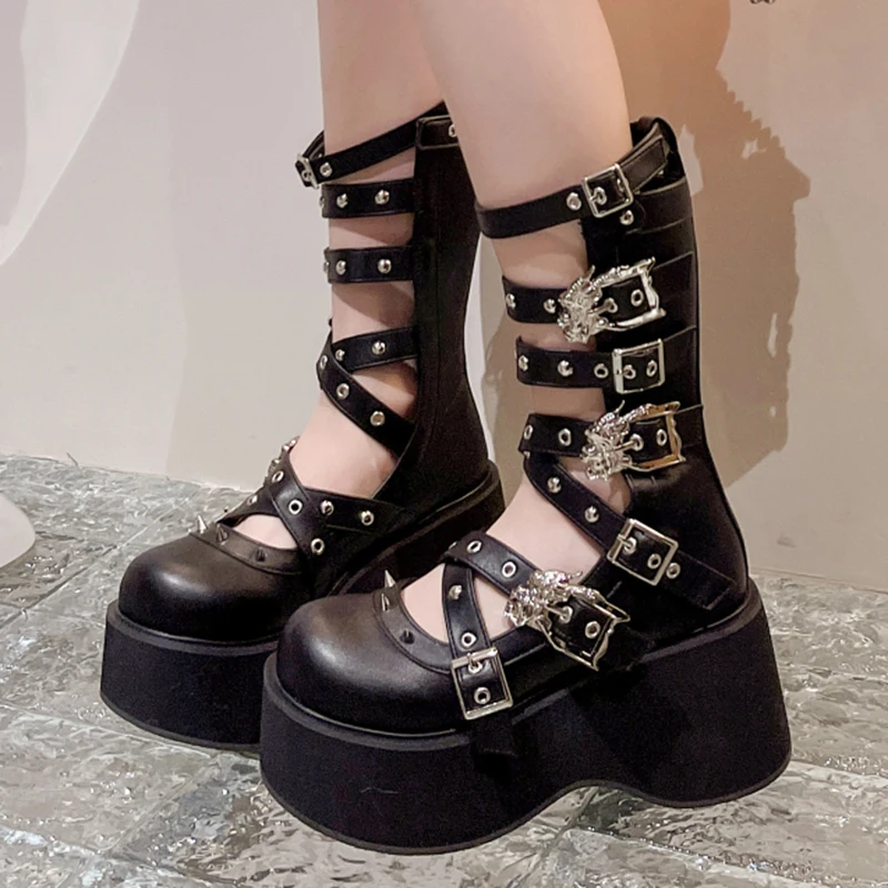 

Rivet Decor Chunky Punk Gothic Boots Women Metal Buckle High Platform Mid Calf Boots Woman Thick Bottom PU Leather Demonia Botas