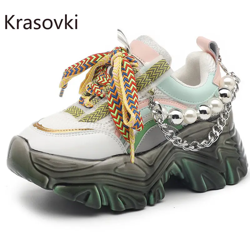 

Krasovki 7.5cm Air Mesh Synthetic Women Casual Shoes Ladies Vulcanize Summer Mixed Color Platform Sneakers High Brand Breathable