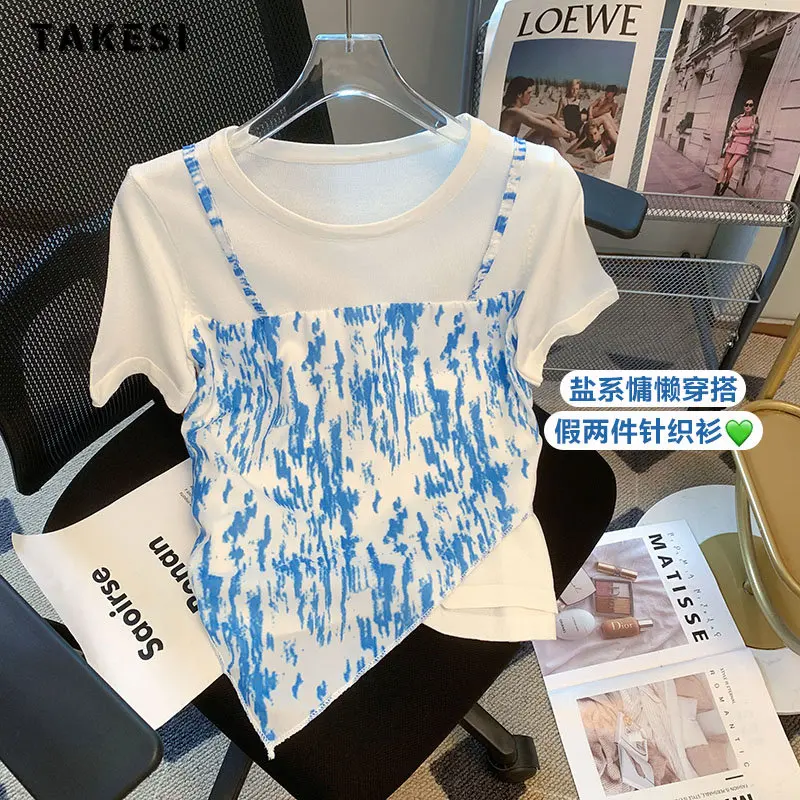 

Женская футболка с коротким рукавом, Повседневная Свободная трикотажная футболка составного кроя с имитацией двух предметов, лето 2023