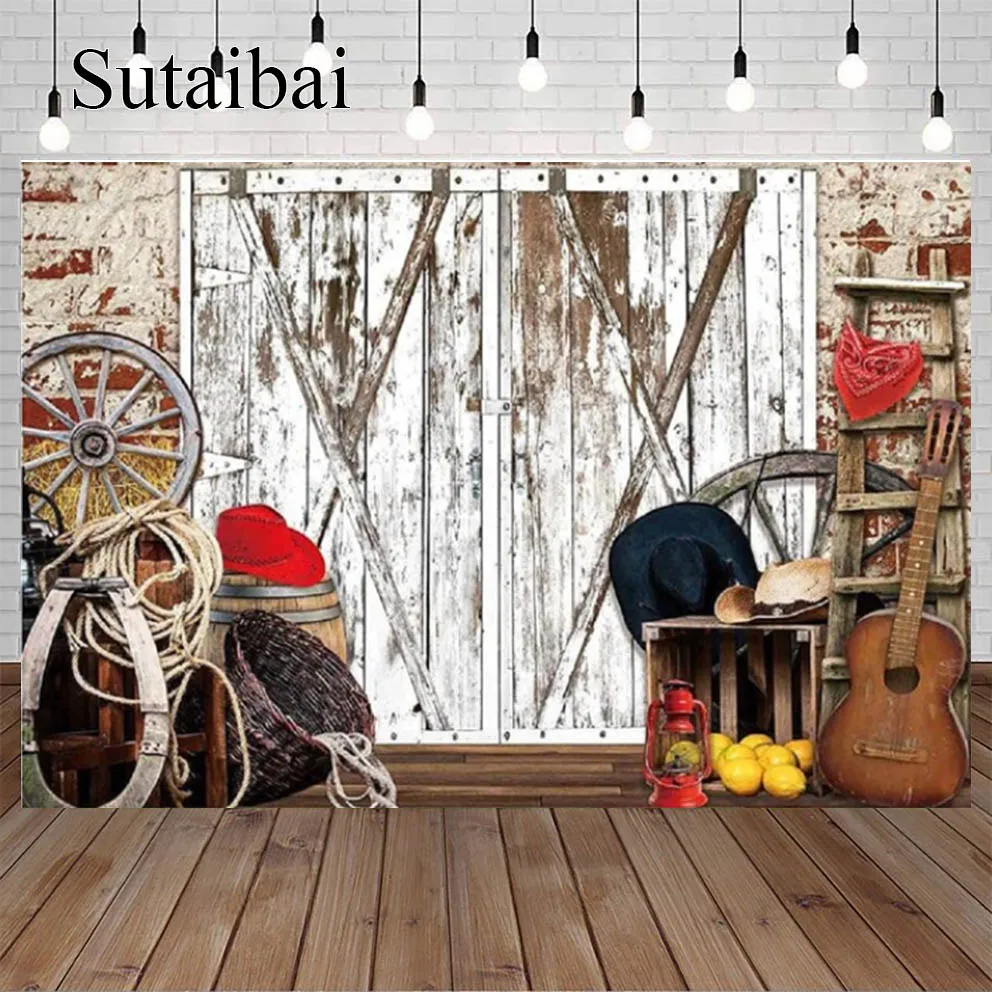 

Western Cowboy Scene Photography Backdrop Rustic Farm Wooden Barn Door Background Children Birthday BBQ Party Decoration Banner