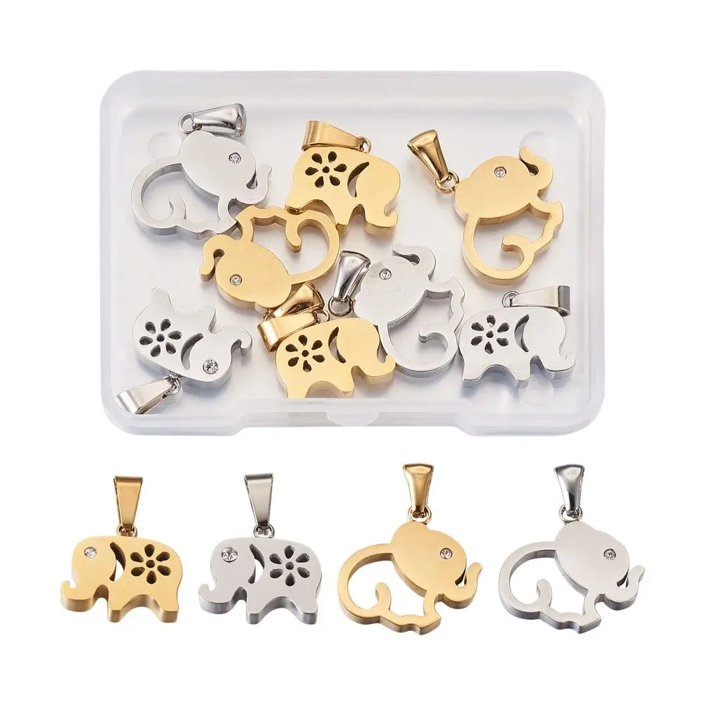

8pcs/Box 304 Stainless Steel Elephants Pendants Charms with Rhinestone For DIY Handmade Jewelry Making Necklace Accessories
