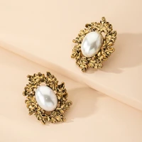 fashion pearl earrings baroque big imitation pearl earrings for women party exaggerated leaves ear studs vintage jewelry luxury