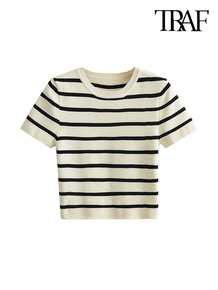

Women Fashion Striped Basic Cropped Knit Sweater Vintage O Neck Short Sleeve Female Pullovers Chic Tops