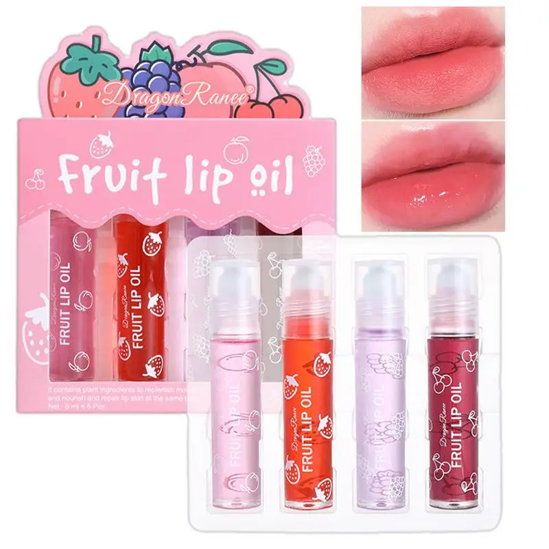 Transparent Lip Gloss For Dry Lips, Moisturizing Lip Balm Roll-On Lip Gloss Set, 4PCS Fruity Flavors Rolling Ball Lip Oil Set,
