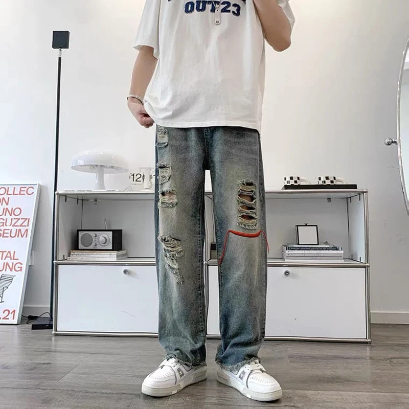 New Hip HopYouth Street Jeans Fashion Y2K Vintage Style Ripped Loose Straight Denin Pants Men Luxury Clothing Male Cargo Pants