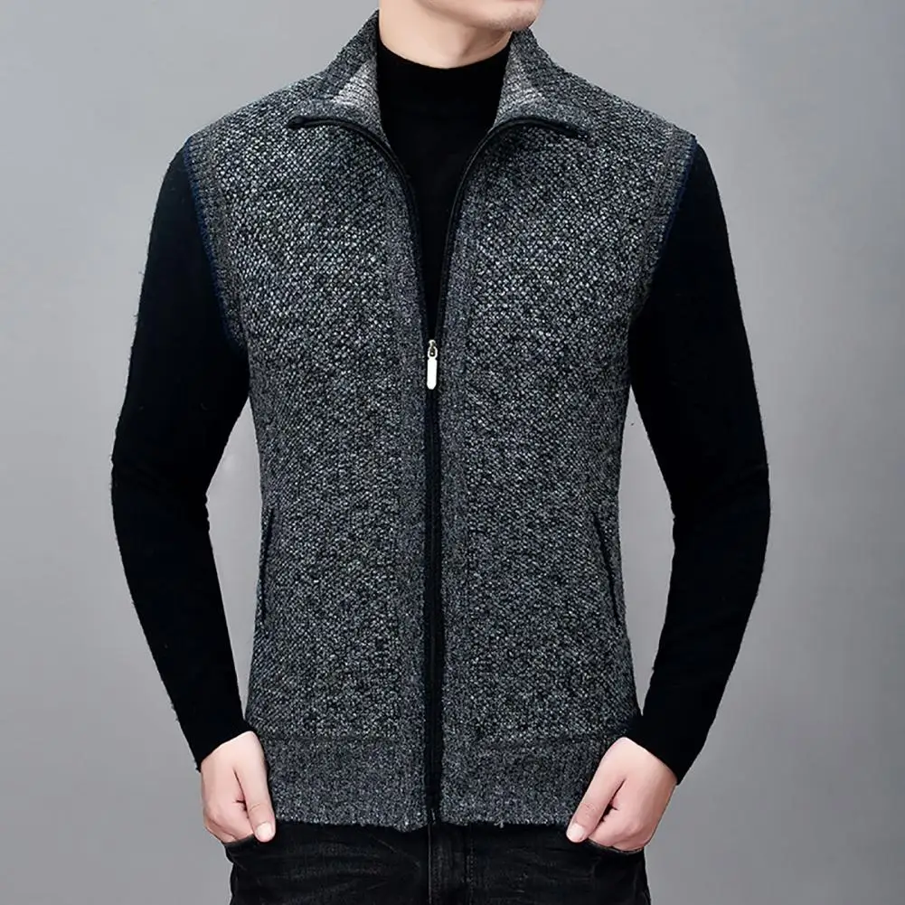 

Trendy Knitting Waistcoat 3D Cutting Men Vest Ribbed Trim Pure Color Warm Pockets Fleece Lining Vest Coat Coldproof