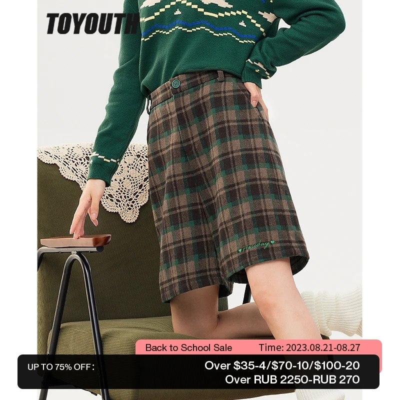 

Toyouth Women Thick Pants 2022 Winter Back Waist Elastic Loose Cropped Trousers Vintage Plaid Print Chic Casual Pants