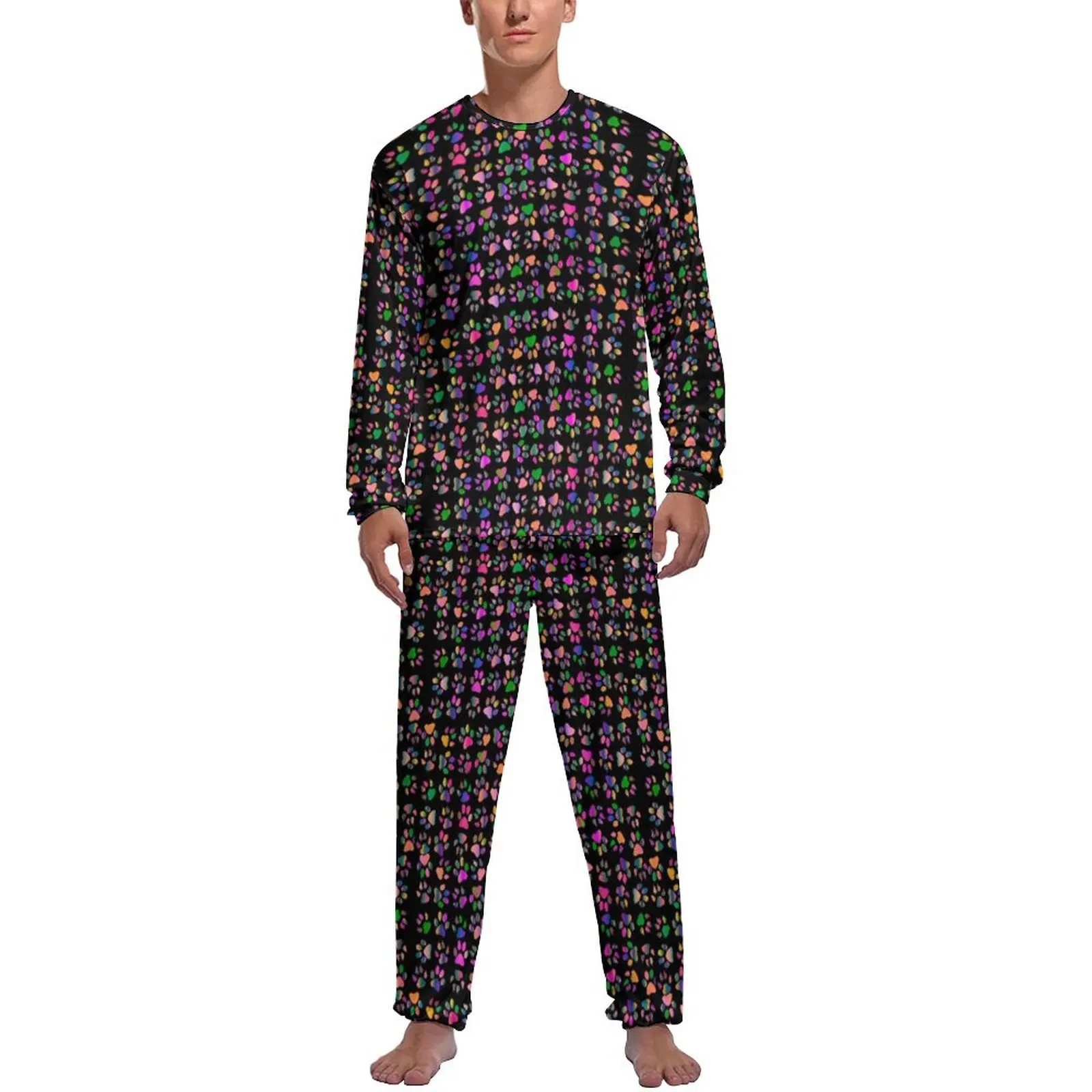 Colorful Dog Paws Pajamas Long Sleeve Rainbow Print 2 Pieces Casual Pajama Sets Daily Men Printed Romantic Sleepwear