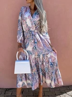 2022 female spring casual fashion long sleeve dress retro printed loose commute dress women elegant v neck lace up party dresses