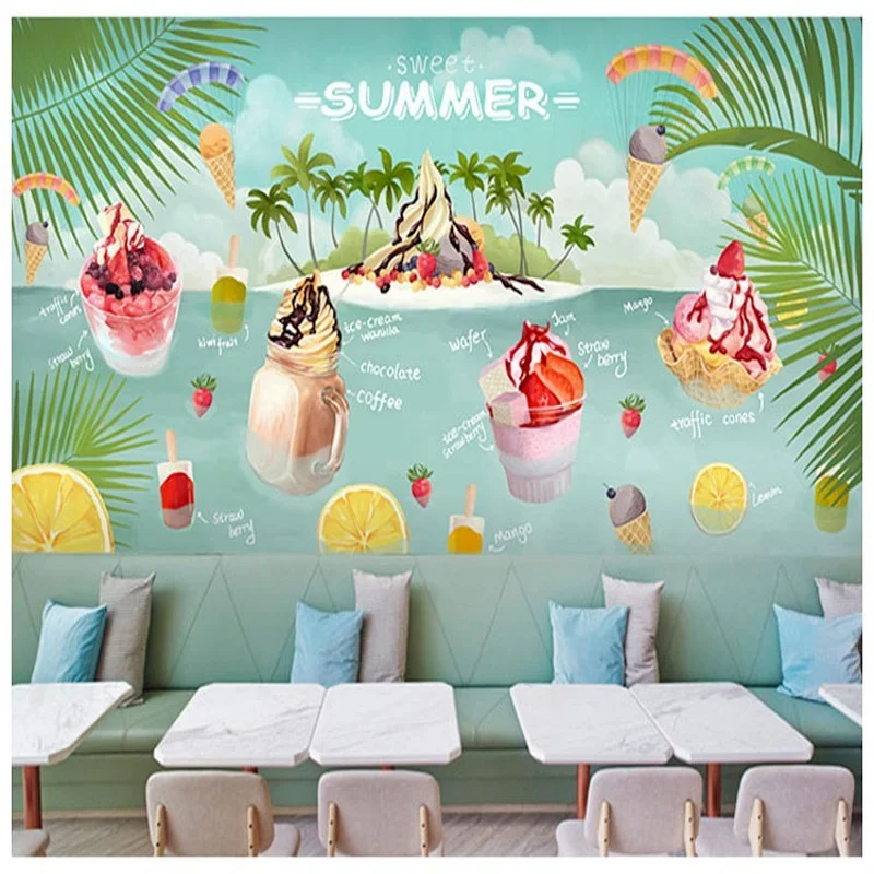 

3d обои FATMAN на заказ, летние нежные красочные мороженое, Фреска, кафе, десерт, магазин, декорация, декоративная настенная ткань, Прямая постав...