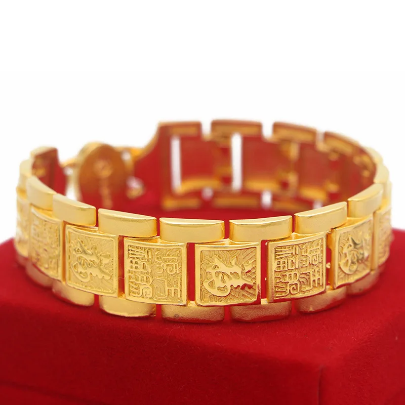 

Pure 24K Gold Color Wide Dragon Pattern Watch Clasp Bracelet for Men Brother Jewelry Bangle Bracelet Oro Puro De 24K